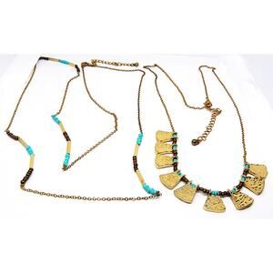 VTG 2 Extra Long Layering Faux Turquoise Gold Tone Beads Necklaces 38" & 27 "